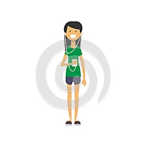 Casual girl hold ipod and listen music in headphones, happy woman full length avatar on white background, successful