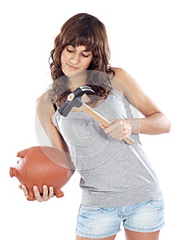 Casual girl with money box