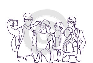 Casual Group Of Young People Taking Selfie Photo On Smart Phone Doodle Men And Women Make Self Portrait