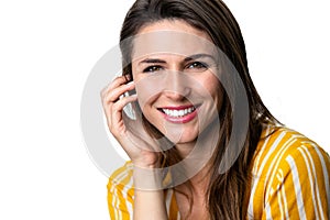 Casual head shot portrait of friendly warm woman with straight teeth, possible dental hygiene advertisement  on white