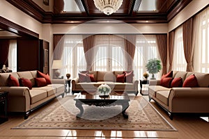 Casual living room interior with a transparent wall