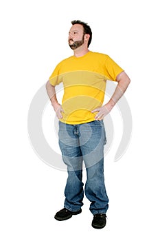 Casual Man In Baggy Pants And Yellow Shirt Over White
