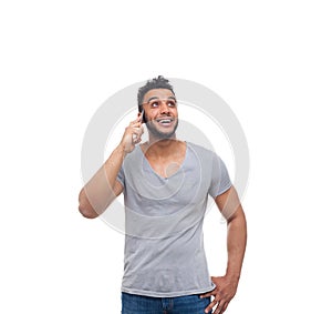 Casual Man Cell Smart Phone Call Look Up