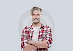 Casual Man Happy Smile Young Handsome Guy Folded Hands Wear Checked Shirt
