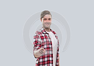 Casual Man Happy Smile Young Handsome Guy Point Finger At You Wear Checked Shirt Isolated