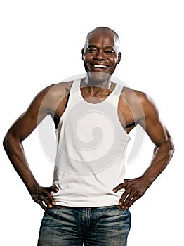 Casual mature man laughing with hands on waist