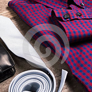 Casual mens fashion and outfits on the wooden table, flat lay, top view. square