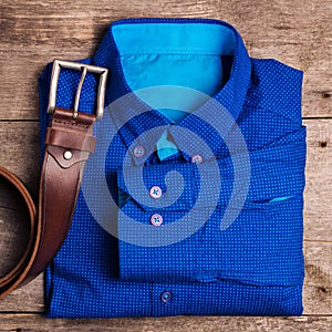 Casual mens fashion and outfits on the wooden table, flat lay, top view. square