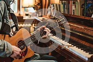 Casual Musician Playing Acoustic Guitar Next to Vintage Piano in Cozy Home Setting