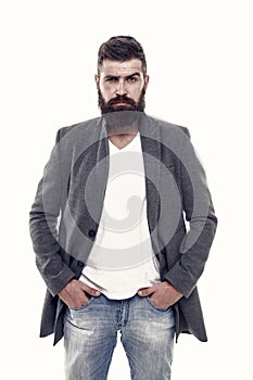 Casual outfit. Menswear and fashion concept. Man bearded hipster stylish fashionable jacket. Casual jacket perfect for