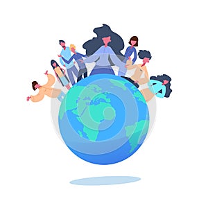 Casual people group around earth world globe communication concept flat