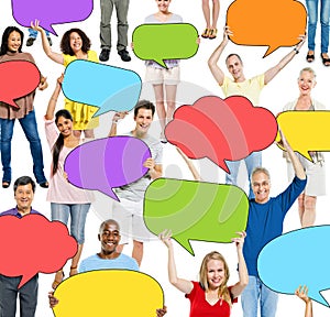 Casual People Holding Colourful Speech Bubbles