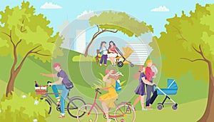 Casual people in park, vector illustration. Happy young family spends time outdoors on summer day, riding bike. Mother