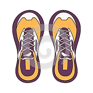 Casual sneakers for male and female in cartoon style. Hand drawn shoes yellow and violet color. Top view design for icon
