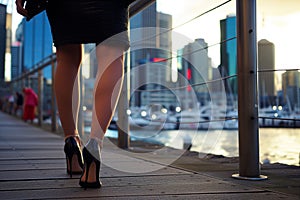 casual stroll, high heels, waterfront cityscape