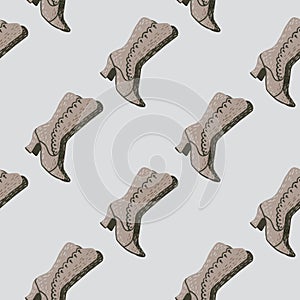 Casual style seamless pattern with pale beige women shoes ornament. Grey background. Fashion backdrop
