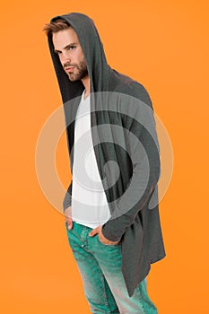 Casual but stylish. Stylish man yellow background. Handsome guy wear stylish hoodie. Fashion trends for young men