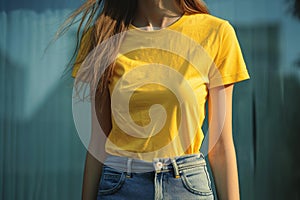 Casual summer outfit - woman in yellow t-shirt and jeans