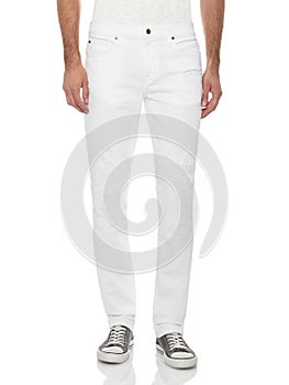 Casual Summer Pants Women High Waist Trousers for Women , Woman in tight white jeans with black shoes, white background