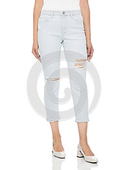 Casual Summer Pants Women High Waist Trousers for Women , Woman in tight jeans and heels, white background