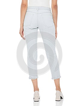 Casual Summer Pants Women High Waist Trousers for Women , Woman in tight jeans and heels, white background