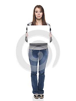 Casual woman - blank sign sad