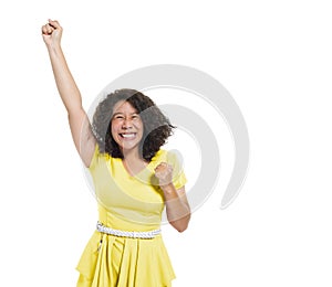 Casual Woman Celebrating with One Arm Raised