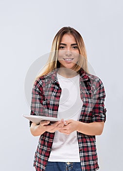 Casual Woman Happy Smile Young Asain Girl Hold Tablet Computer Wear Checked Shirt Isolated