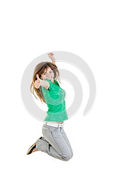 Casual woman jumping happy and free in full body