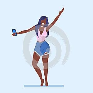 Casual woman taking selfie photo on smartphone camera young african american girl raising hand female cartoon character