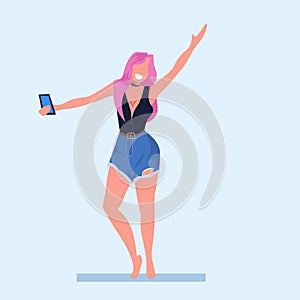 Casual woman taking selfie photo on smartphone camera young girl raising hand female cartoon character posing flat full