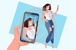 Casual woman taking selfie on smartphone camera hand holding cellphone with photo on screen female cartoon character