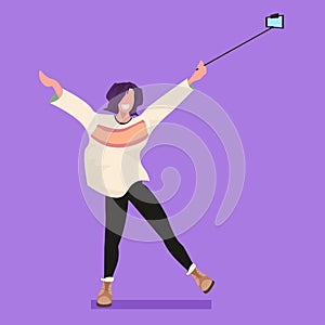 Casual woman using selfie stick taking photo on smartphone camera young girl raising hands female cartoon character