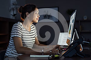 Casual woman working late at computer