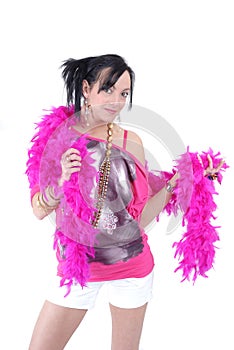 Casual young woman with pink feather boa