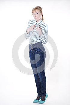 Casual young woman in shirt and jeans