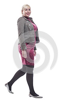 Casual young woman stepping forward . isolated on a white