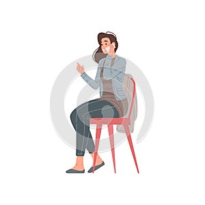 Casual young woman talking smartphone gesticulate explaining communication vector flat illustration