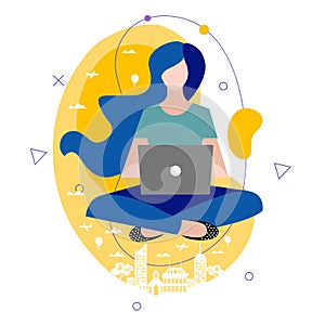 Casual young woman typing on a laptop computer. Concept flat illustration.