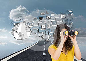 Casual young woman using binoculars