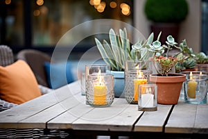 casually arranged patio candles on rustic table