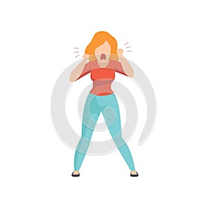 Casually dressed furious young woman shouting loudly, emotional girl feeling anger vector Illustration on a white