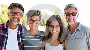 Casually dressed happy family of four smiling on white background for home lifestyle ad