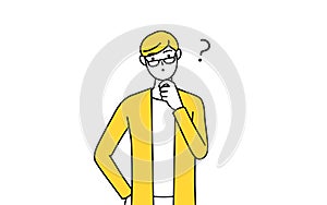 A casually dressed young man with questions