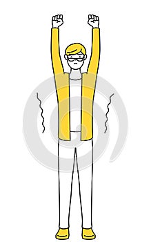 A casually dressed young man stretching and standing tall