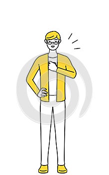 A casually dressed young man tapping his chest