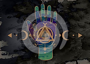 Third eye hand esoteric spiritual icon. Sacred pyramid of knowledge, an all-seeing eye. Mystical geometry, signs of the moon phase photo