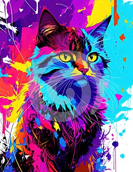 Cat with abstract beauty, looking at the camera, psychedelic colors, dynamic, highly detailed, digital painting, illustration.