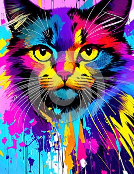 Cat with abstract beauty, looking at the camera, psychedelic colors, dynamic, highly detailed, digital painting, illustration.