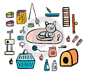 Cat accessories set hand drawn illustration minimalism for prints posters veterenary clinics banners promo and animal